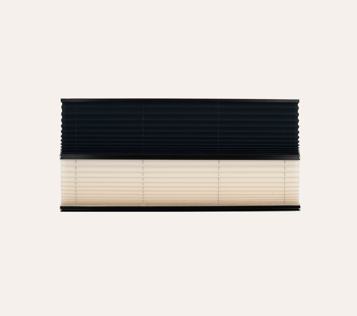 Black and beige pleated blind on a white background