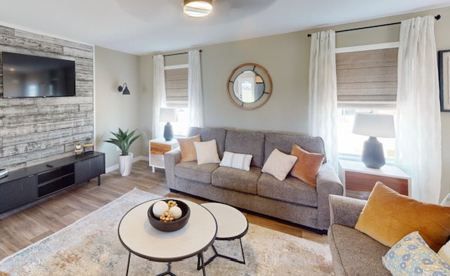 Living room with gray sofa, coffee table, and decorative elements.